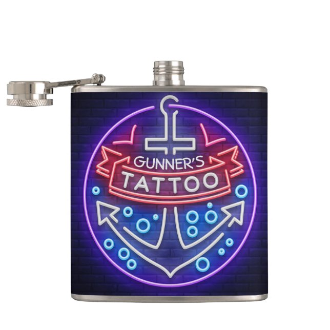 Personalised Tattoo Shop Nautical Neon Sign Style Hip Flask (Opened)