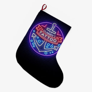 Personalised Tattoo Shop Nautical Neon Sign Style Large Christmas Stocking