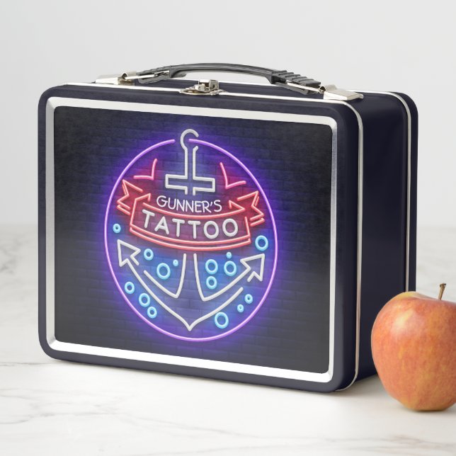 Personalised Tattoo Shop Nautical Neon Sign Style Metal Lunch Box (In Situ)