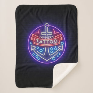 Personalised Tattoo Shop Nautical Neon Sign Style Sherpa Blanket