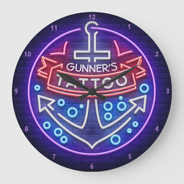 Personalised Tattoo Shop Nautical Neon Style Large Clock (Front)