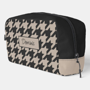 Personalised Taupe Beige Black Houndstooth Pattern Dopp Kit