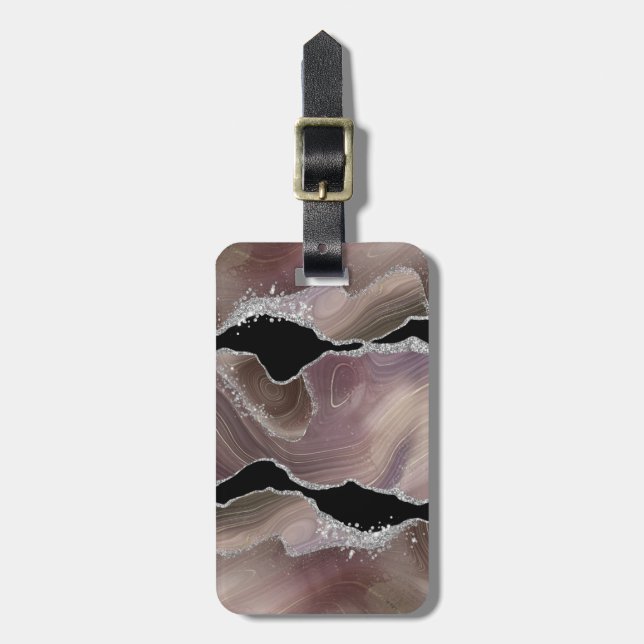 Personalised Taupe & Black Agate Silver Glitter Luggage Tag (Front Vertical)