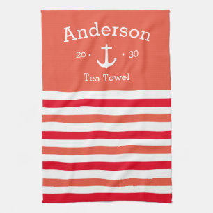 Personalised Tea Towel - Striped O/Red Nautical