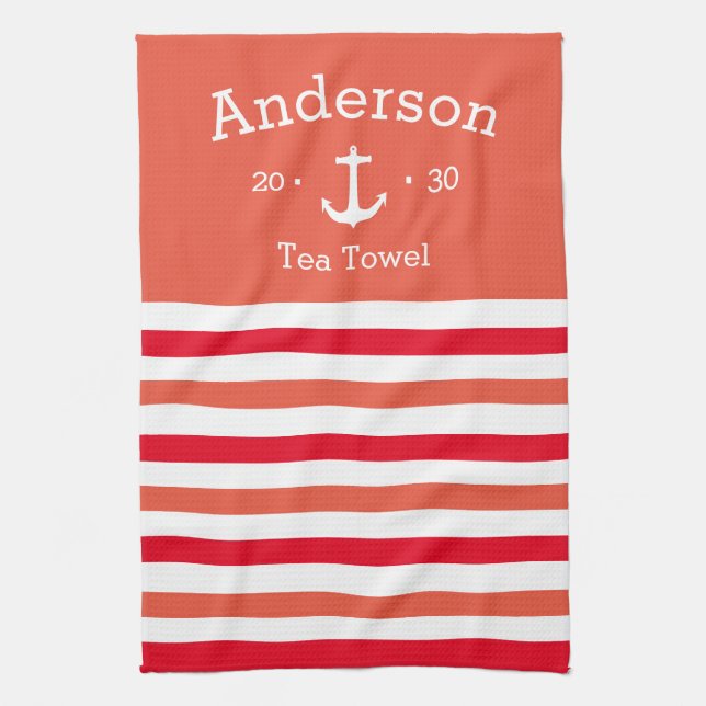 Personalised Tea Towel - Striped O/Red Nautical (Vertical)