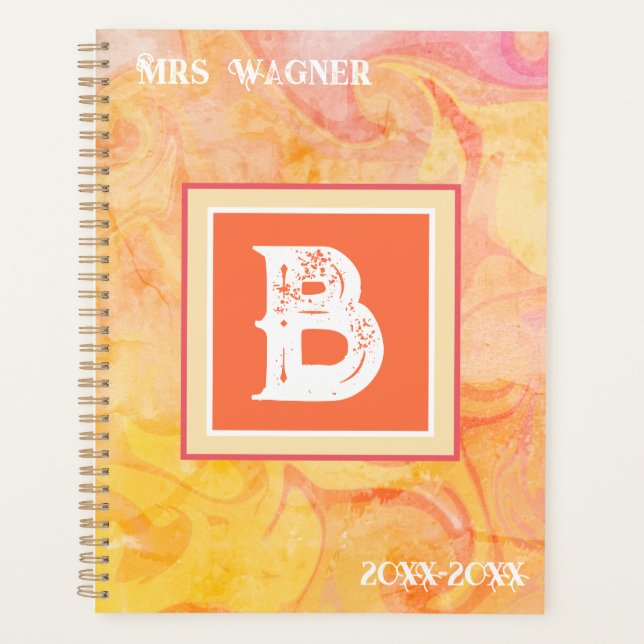 Personalised Teacher Abstract Yellow Pink Modern  Planner (Front)