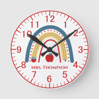 Personalised Teacher Apple Rainbow Round Clock