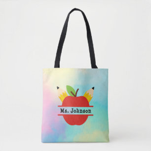 Personalised Teacher Apple   Watercolor Rainbow Tote Bag