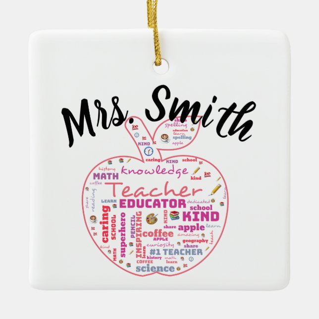 Personalised Teacher Apple Word Art Gift Ceramic Ornament (Front)