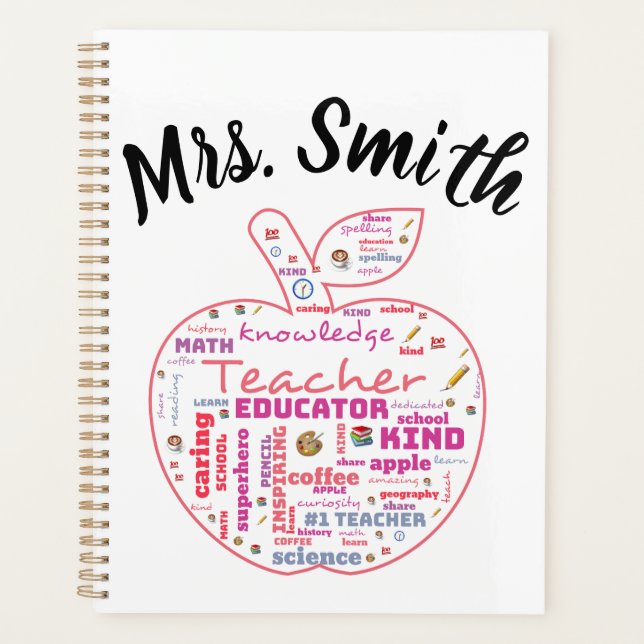 Personalised Teacher Apple Word Art Planner (Front)