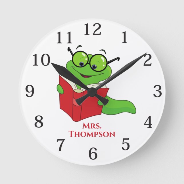 Personalised Teacher Bookworm Round Clock (Front)