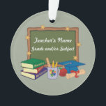 Personalised Teacher Chalkboard Stars Ornament<br><div class="desc">Personalised teacher design includes a chalkboard outlined in gold stars with space for your teacher's name and a second line for grade, subject, teaching speciality or school name. School books (reading, writing and arithmetic), a mug with pencils and ruler, red apple, and a graduation cap and scroll complete this colourful...</div>