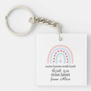 Personalised Teacher Christmas Pink Rainbow Hearts Key Ring
