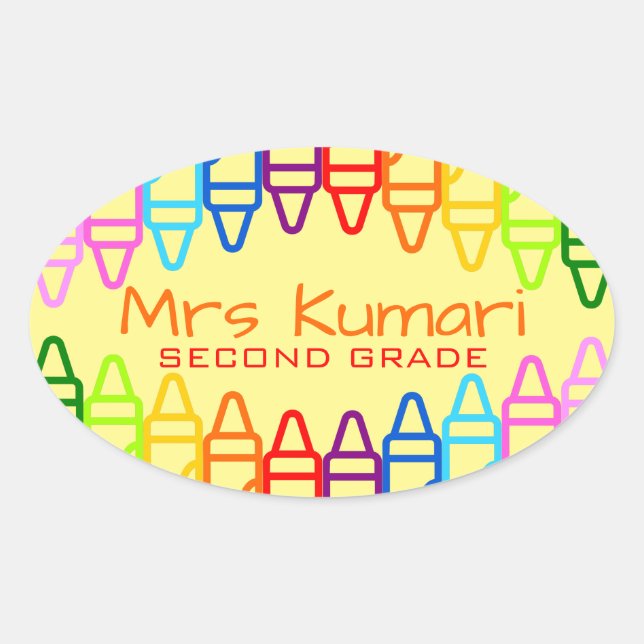 Personalised Teacher Crayon Design Oval Sticker (Front)