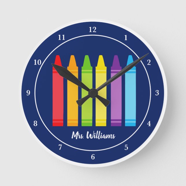 Personalised Teacher Cute Crayon Blue Classroom  Round Clock (Front)