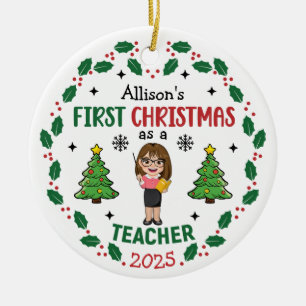 Personalised Teacher First Christmas Tree Round Ceramic Tree Decoration