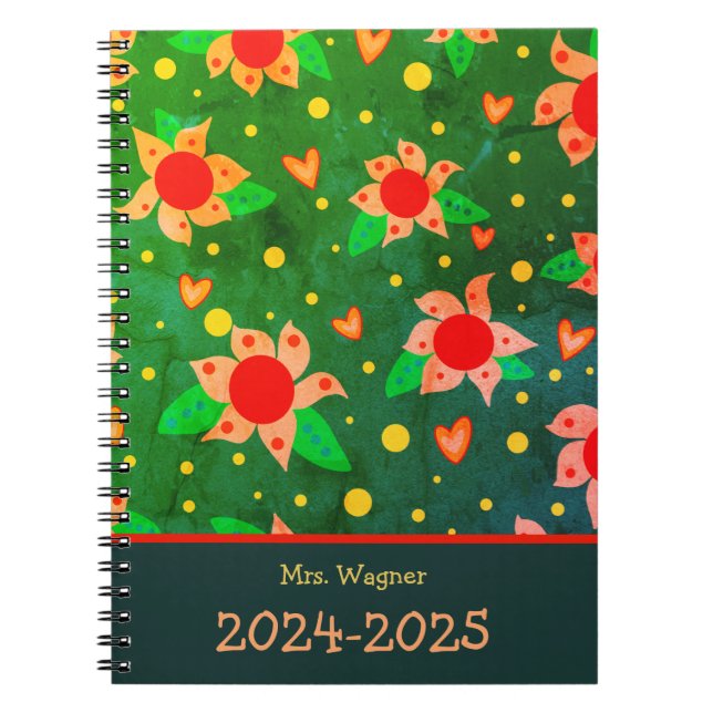 Personalised Teacher Fun Retro Flowers Green  Notebook (Front)