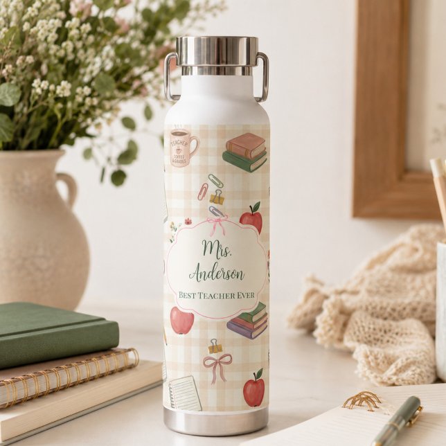 Personalised Teacher Gift Floral Gingham Water Bottle (Creator Uploaded)