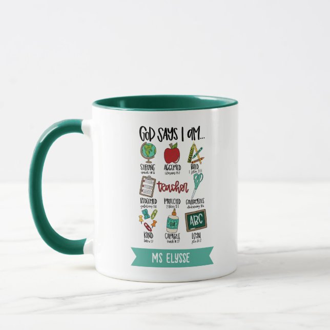 Personalised Teacher God Says I Am Bible Verse Mug (Left)
