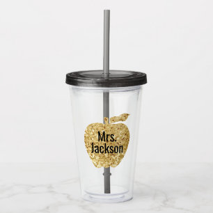 Personalised Teacher Gold Faux Glitter Apple Acrylic Tumbler