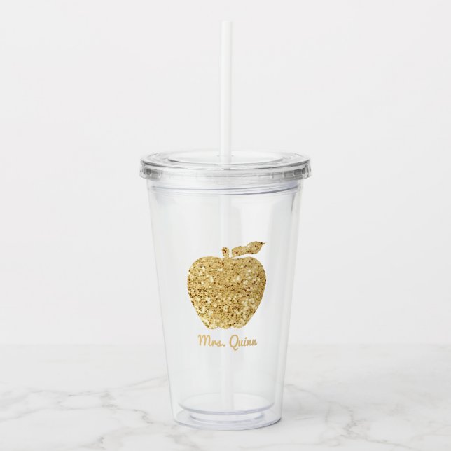 Personalised Teacher Gold Faux Sequin Apple Acrylic Tumbler (Front)