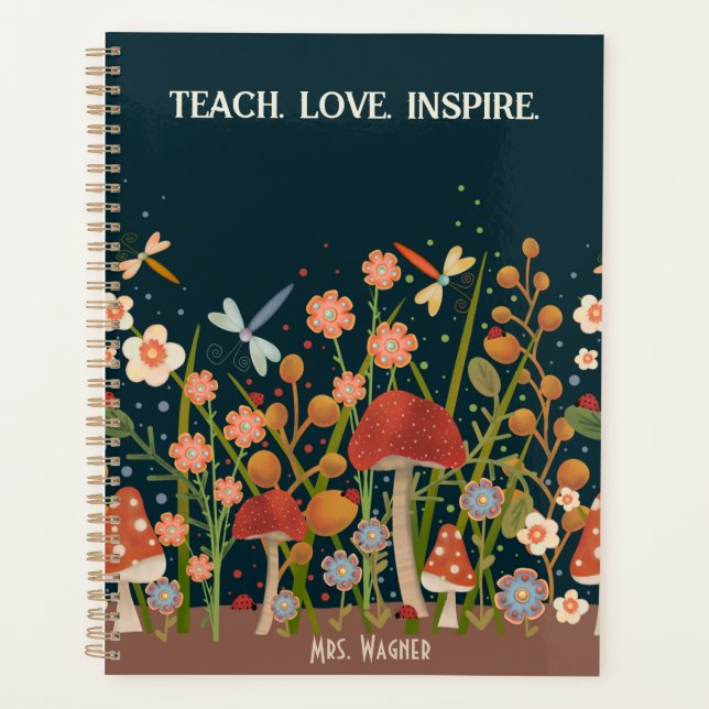 Personalised Teacher Mushroom Floral Dragonfly  Planner (Front)