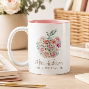 Personalised Teacher Name and Grade Floral Apple Two-Tone Coffee Mug