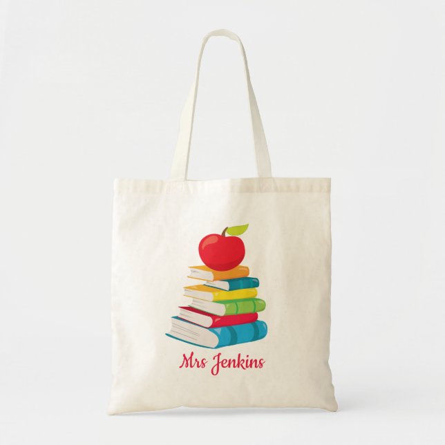 Personalised Teacher Name  Books Apple School Gift Tote Bag (Front)