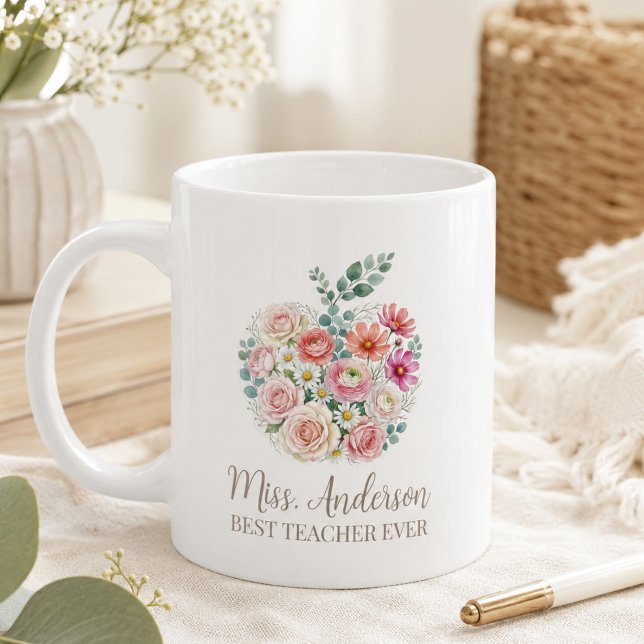 Personalised Teacher Name Floral Apple Coffee Mug (Creator Uploaded)