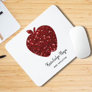 Personalised Teacher Name Red Apple Faux Glitter  Mouse Mat