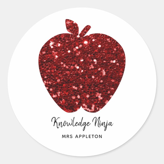 Personalised Teacher Name Sparkly Red Apple Classic Round Sticker (Front)