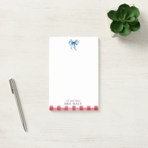 Personalised Teacher Notepad Watercolor Blue Bow
