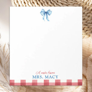 Personalised Teacher Notepad Watercolor Blue Bow