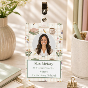 Personalised Teacher Photo ID Badge Gingham