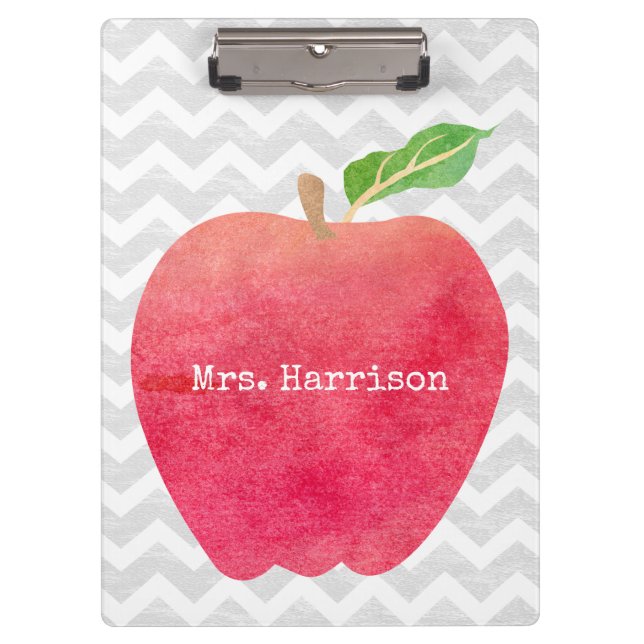 Personalised Teacher Red Apple Grey Chevron Clipboard (Front)
