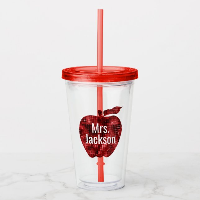 Personalised Teacher Red Faux Sequin Apple Acrylic Tumbler (Front)