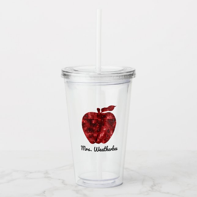 Personalised Teacher Red Faux Sequin Apple Acrylic Tumbler (Front)