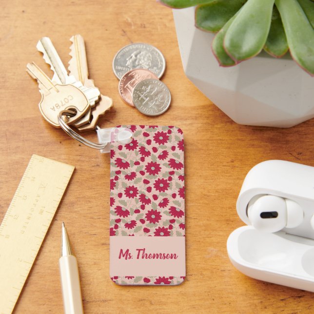 Personalised teacher’s gift, pink daisies  key ring (Desk)
