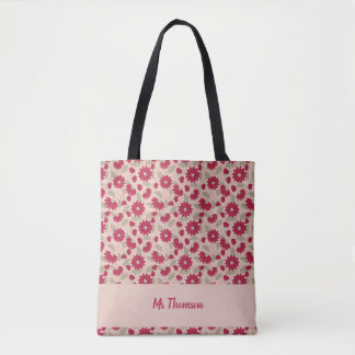Personalised teacher’s gift, pink daisies  tote bag