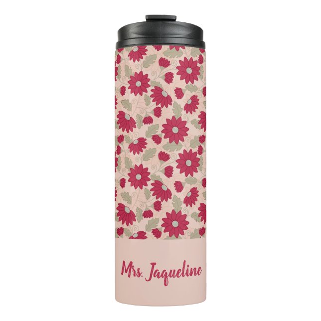Personalised teacher’s gift, pink daisies tumbler (Front)