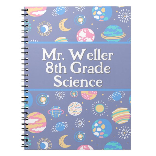 Personalised teacher with planets on navy blue notebook (Front)