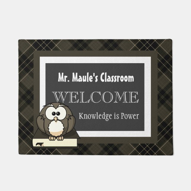 Personalised Teachers Brown Plaid Welcome Doormat (Front)