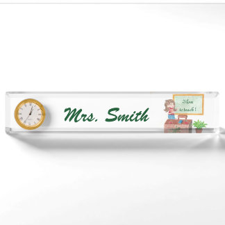Personalised teacher's desk nameplate with a clock