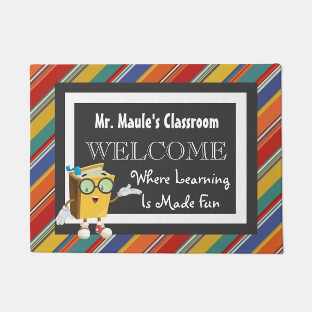 Personalised Teachers Fun Stripes Welcome Doormat (Front)