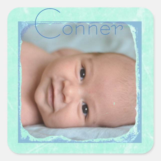Personalised Teal and Blue Baby Photo Stickers (Front)