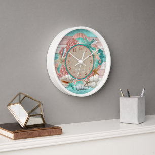 Personalised Teal and Coral Seashell and Beach  Clock