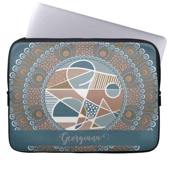 Personalised Teal and Gold Abstract Accent Mandala Laptop Sleeve (Front)