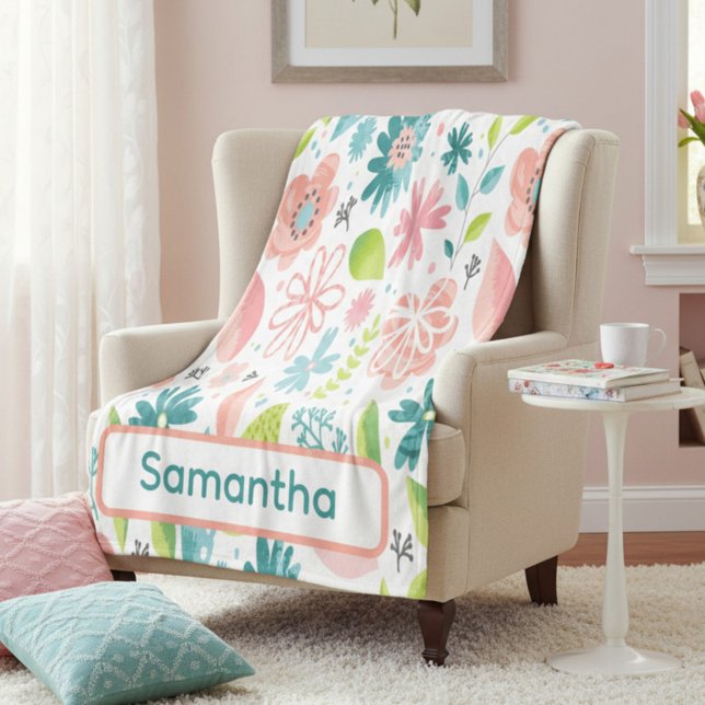 Personalised Teal and Pink Floral Fleece Blanket (Creator Uploaded)
