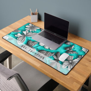 Personalised Teal and Silver Butterfly Flower Desk Mat