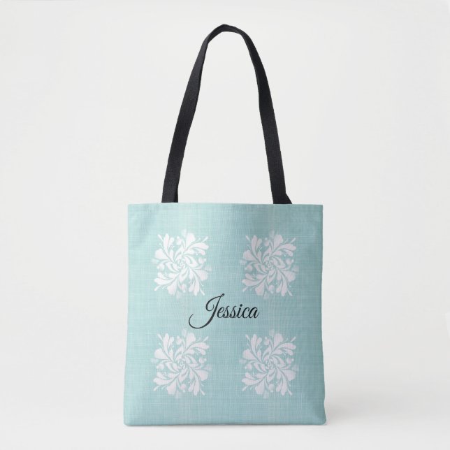 Personalised Teal and White Floral Tote Bag (Front)